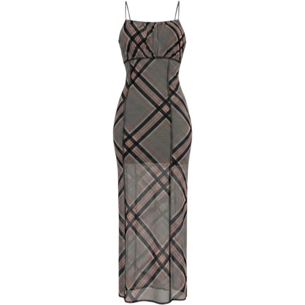 Y2K‎ Dress Plaid Sheer Mesh Babydoll Bodycon Midi S Coquette Preppy